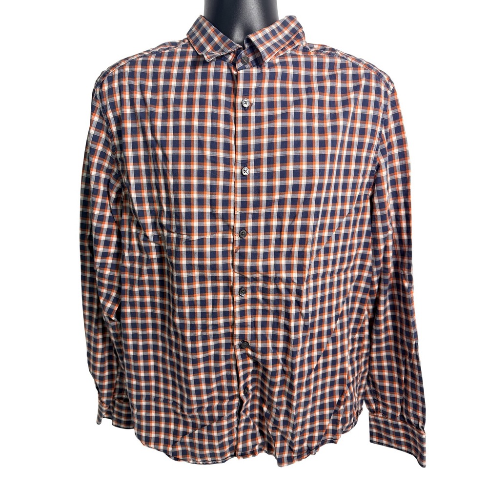 Kenneth‎ Cole New York Shirt Mens XL Blue Orange Plaid Stretch Long Sleeve